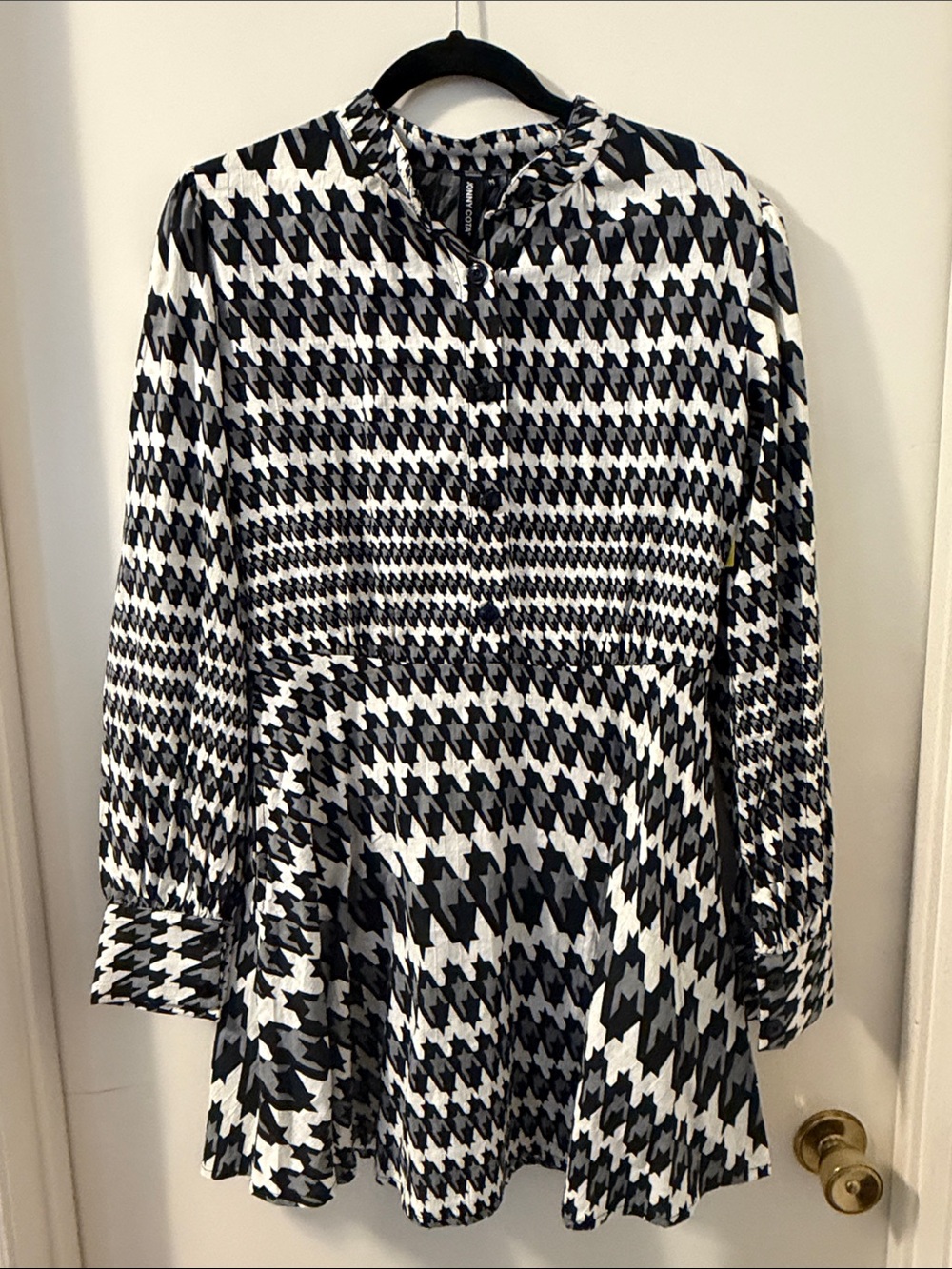 NWT Jonny Cota Hemp/ Cotton Black&White Houndstooth Long Sleeve Mini Dress Sz M